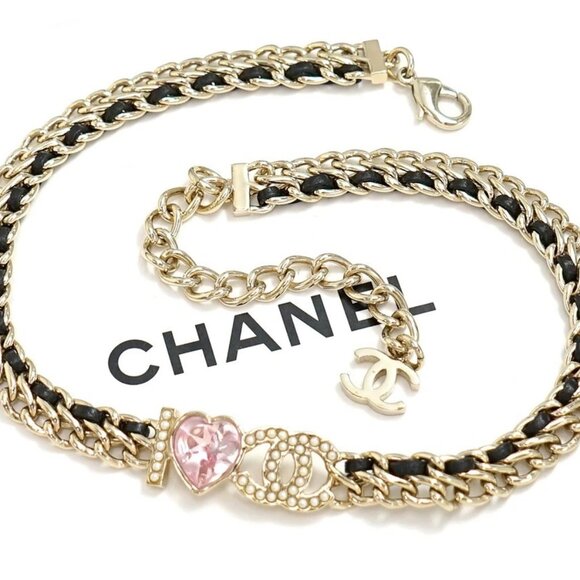 CHANEL CC Logo Pearl Pink Heart Rhinestone Choker Necklace 16" Gold Tone Auth - Picture 1 of 8